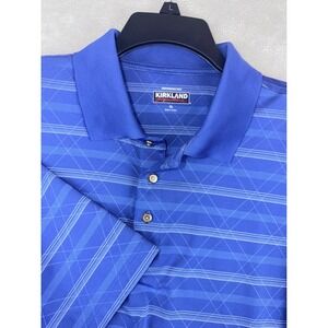 Kirkland Signature Mens XL Performance Polo Shirt‎ Blue Geometric Stripe Stretch